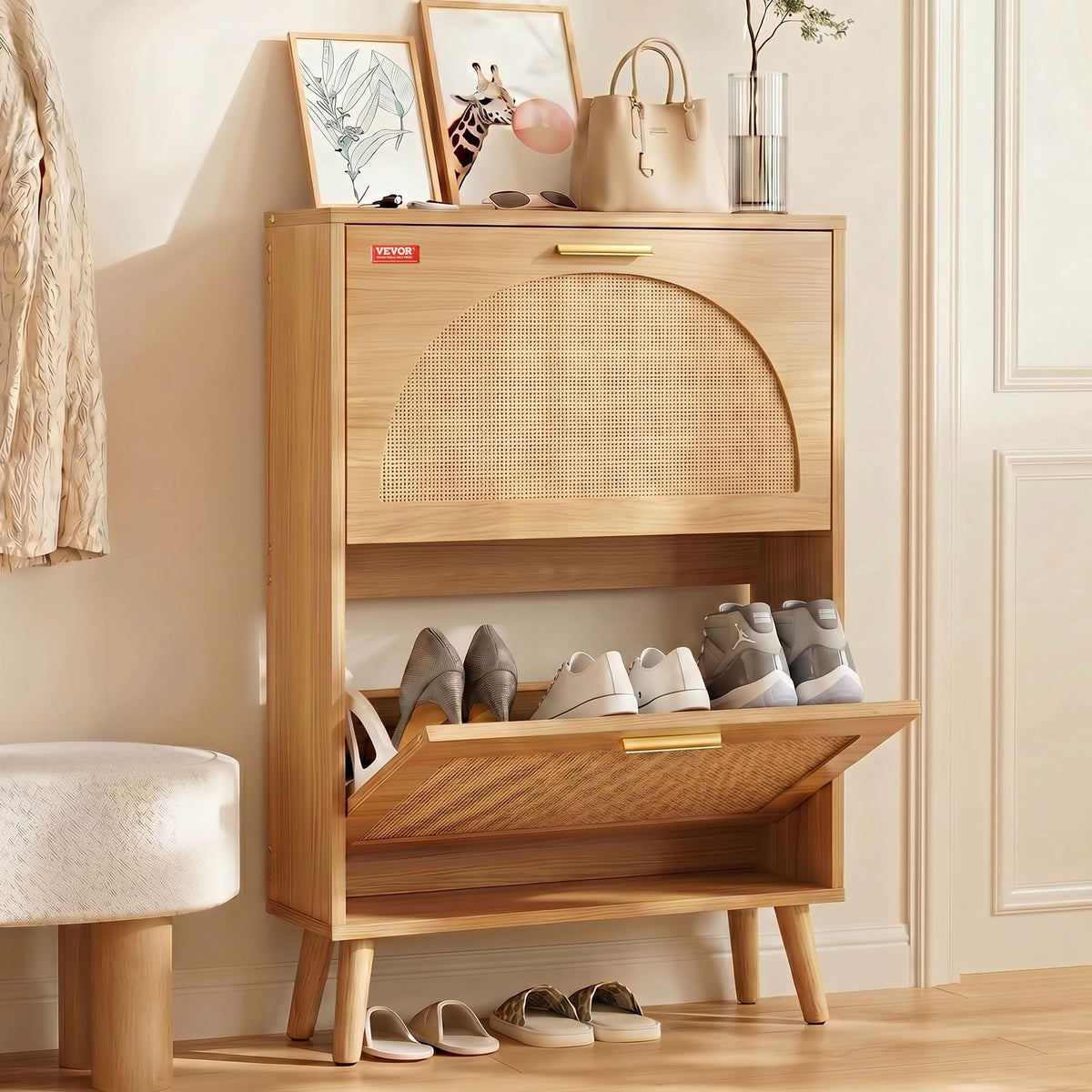 2 Flip Drawers Rattan Shoe Storage Cabinet R1820
