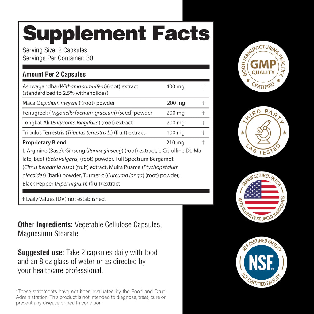 Maca Root Fenugreek Ashwagandha L-Arginine Ginseng Muira Puama Herbal Supplement 60 Capsules W33284