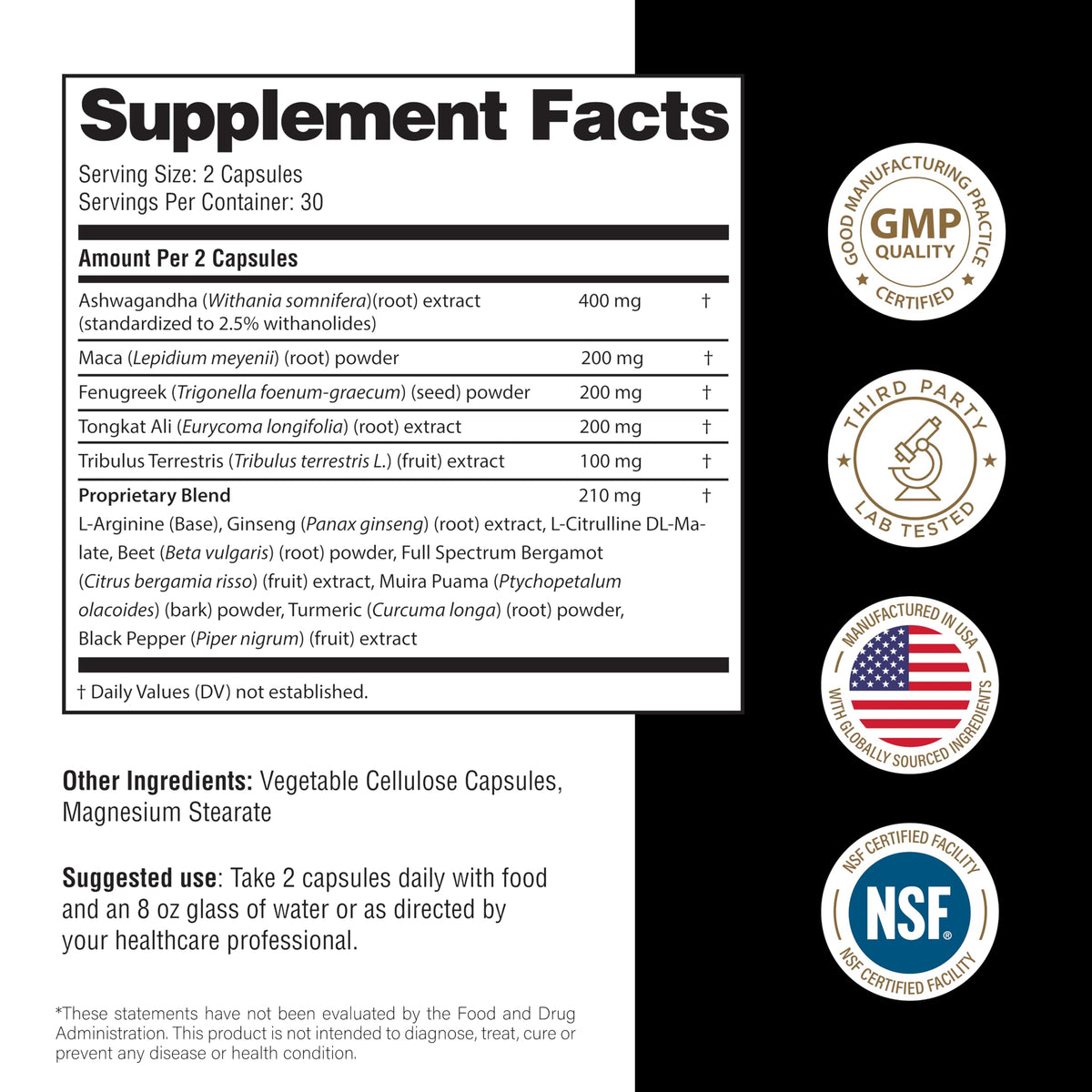 Maca Root Fenugreek Ashwagandha L-Arginine Ginseng Muira Puama Herbal Supplement 60 Capsules W33284