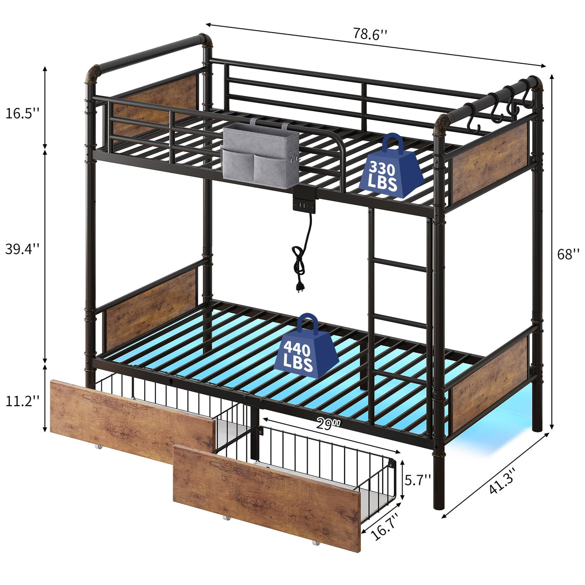 Metal LED Bunk Bed Twin Over Twin with 2 Storage Drawers T922939