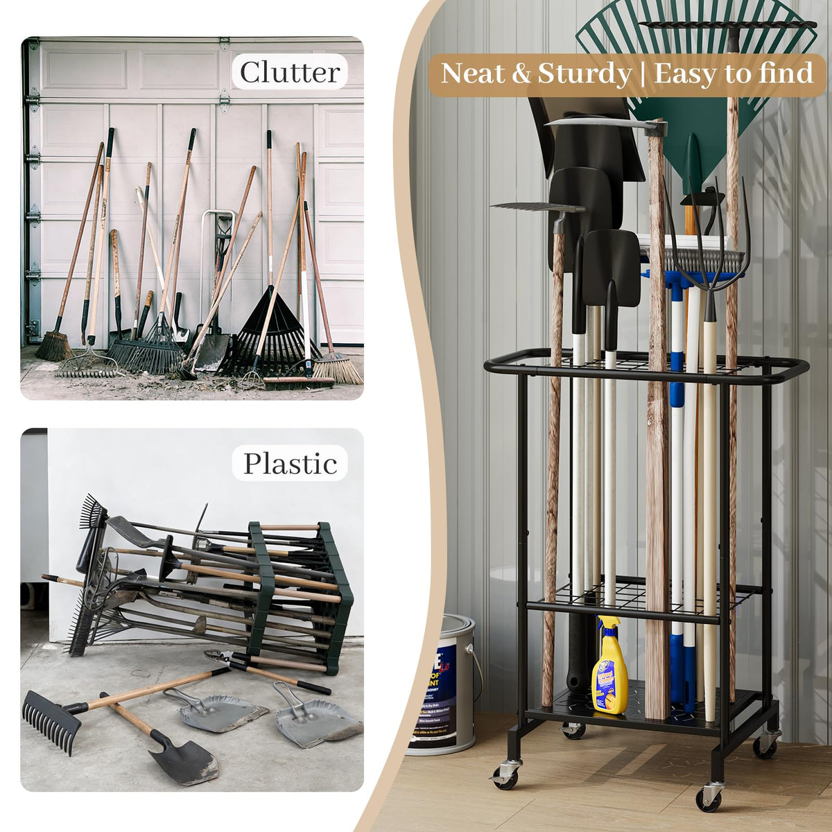Heavy Duty Metal Garden Tool Organizer with Wheels P573282