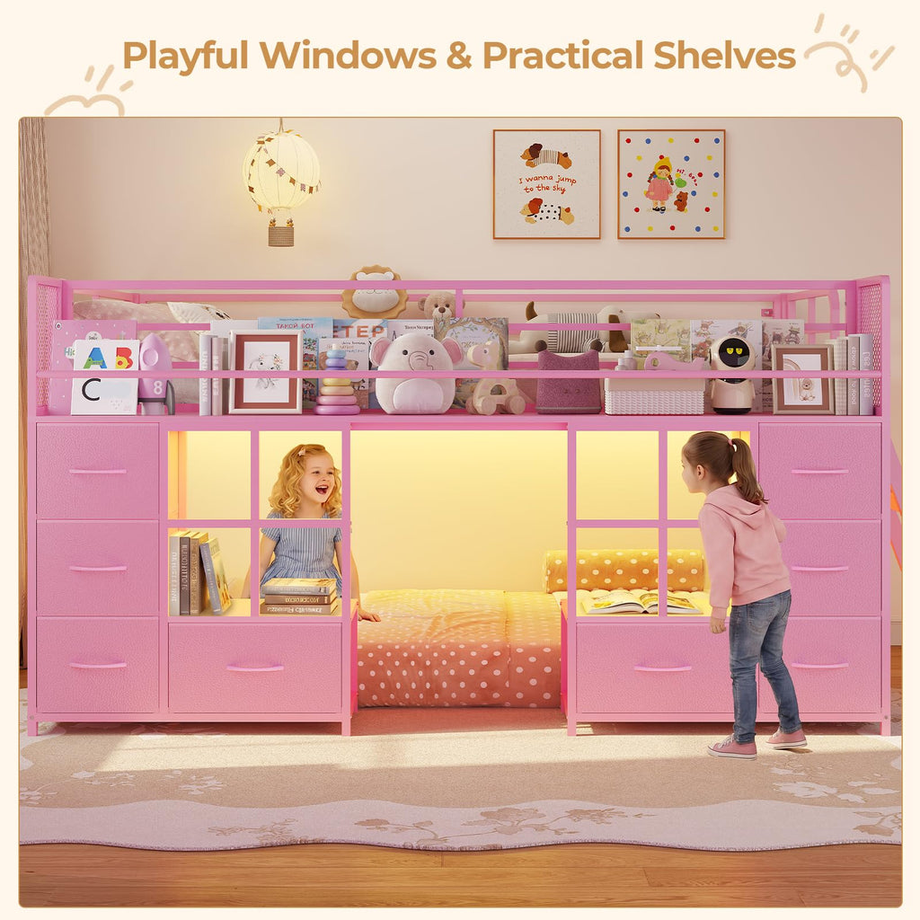 Twin Over Twin Bunk Bed with 8 Drawers & Bookshelf G4325