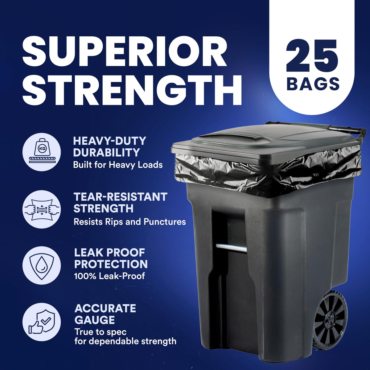 95-96 Gallon Heavy Duty 1.5 Mil Black Trash Bags 25 Count V911
