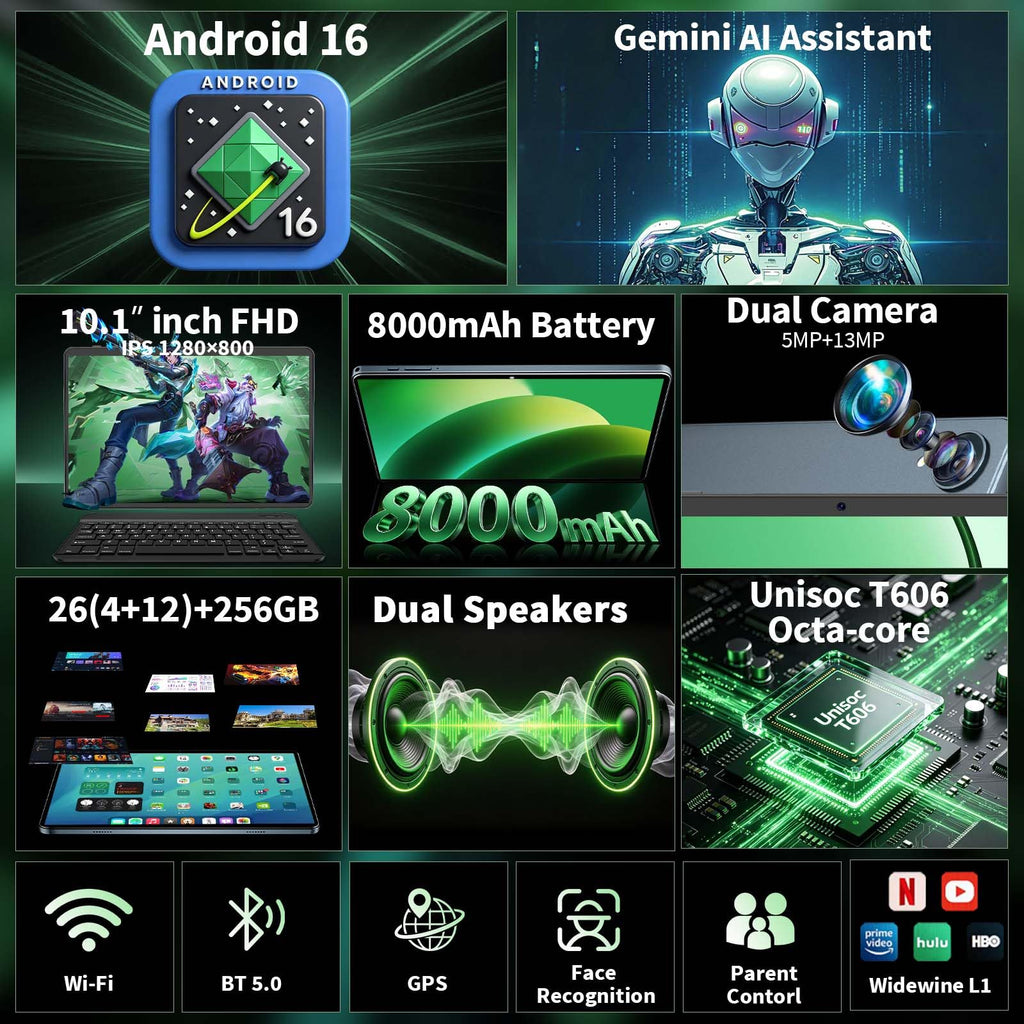 Android 16 Tablet with Keyboard, 10 Inch Tablet, Black Case B903