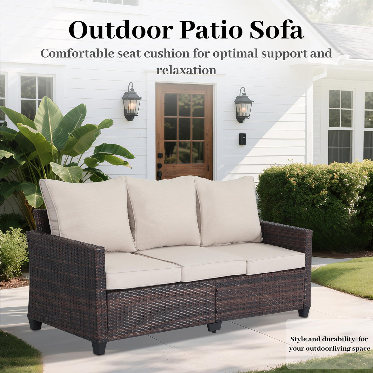 Rattan 3-Seater Outdoor Sofa with Blue Cushions I88623