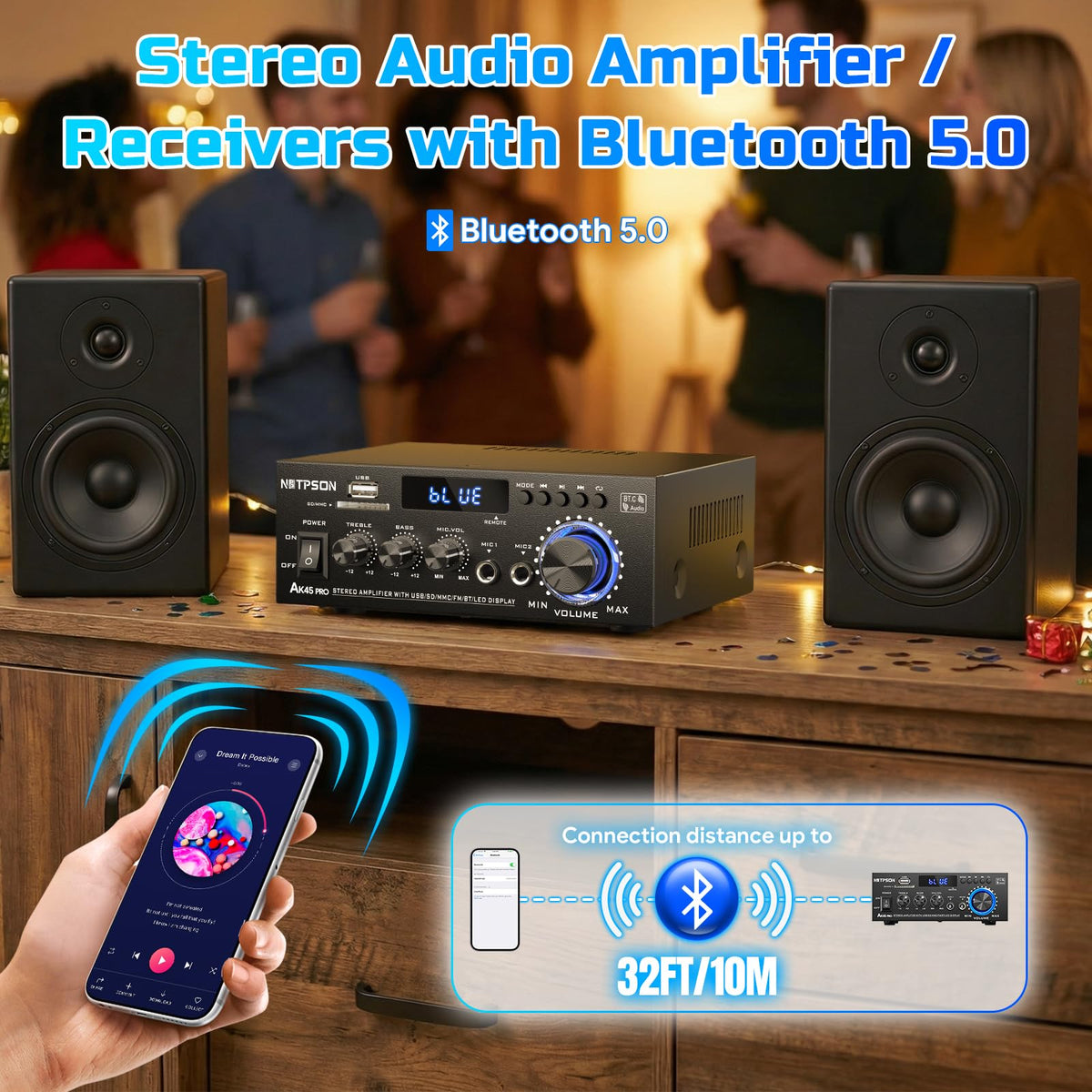 2CH 50W Bluetooth Stereo Receiver Amplifier with FM Radio X684