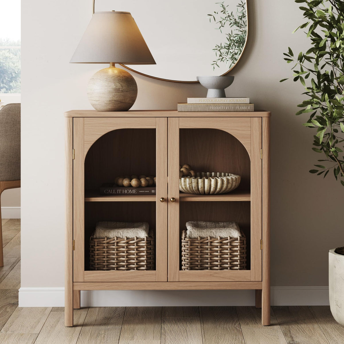 Modern Farmhouse Storage Cabinet with Glass Doors and Adjustable Shelf M4353