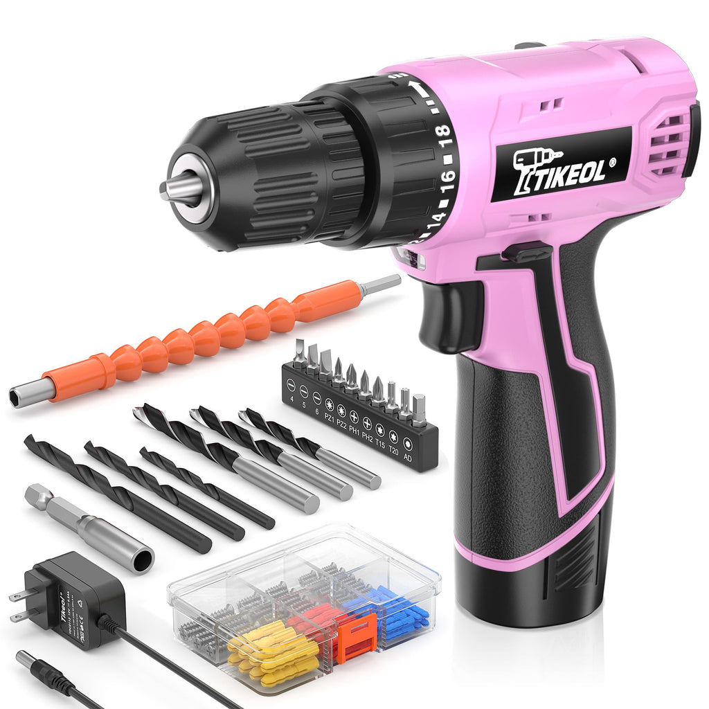 12V Cordless Drill Set with Battery & Charger, 180 In-lbs Torque, 3/8" Keyless Chuck, Pink Q5788