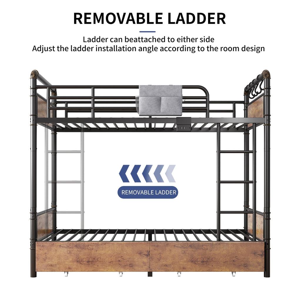 Metal LED Bunk Bed Twin Over Twin with 2 Storage Drawers T922939