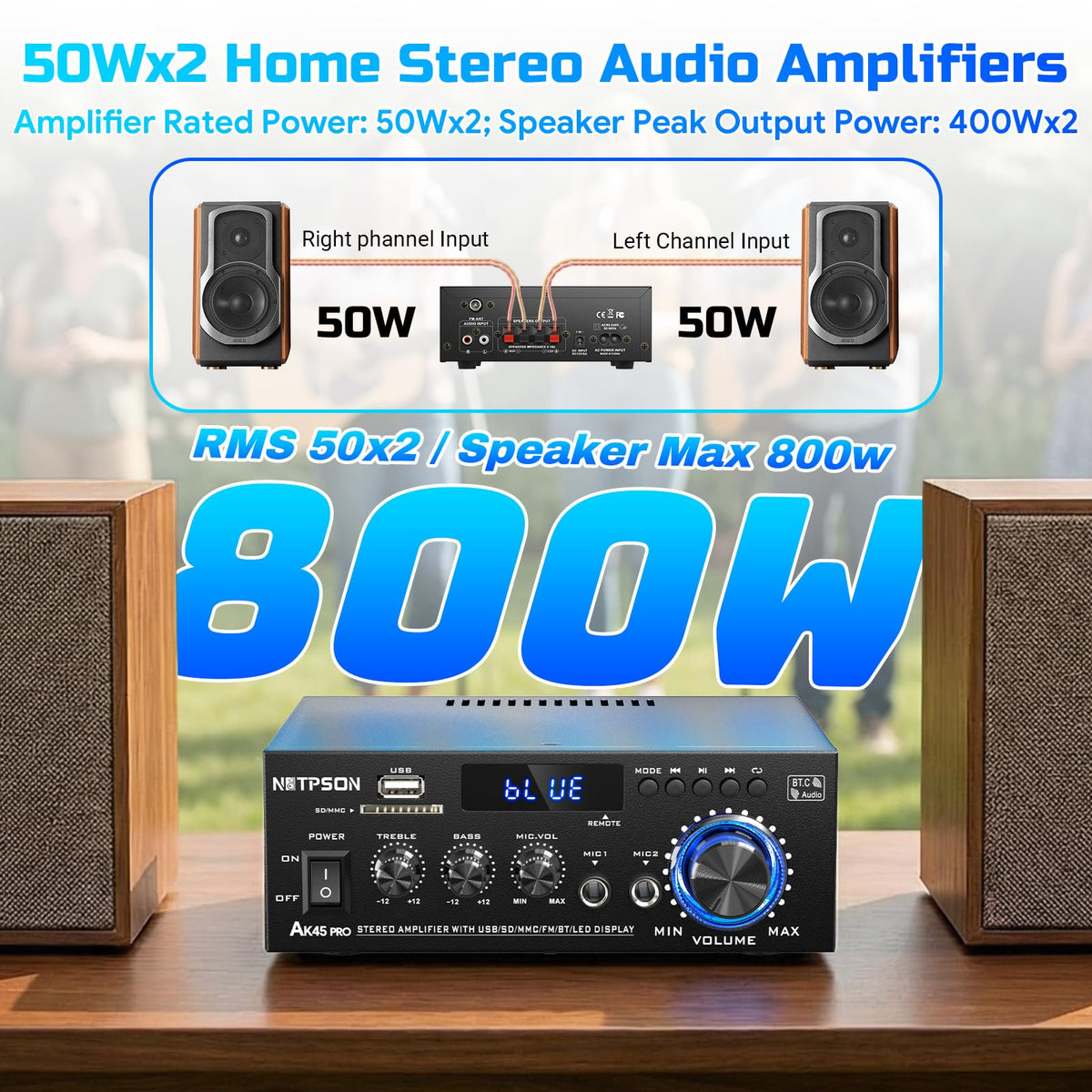 2CH 50W Bluetooth Stereo Receiver Amplifier with FM Radio X684