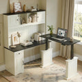 L Shaped Electric Standing Desk with Hutch and Drawers, Antique White V8426
