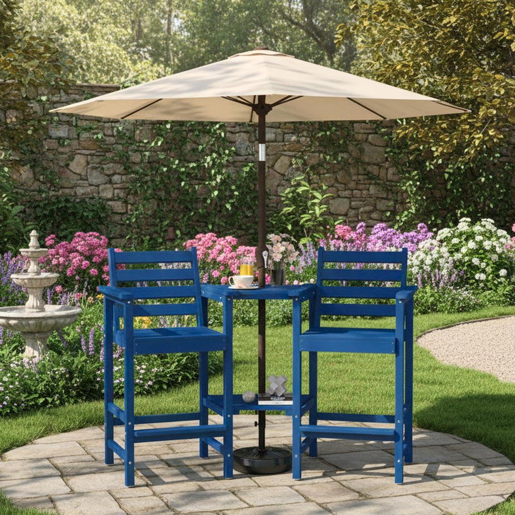 Tall Adirondack Chairs Set of 2, Bar Height HDPE Outdoor Chairs with Connecting Tray & Umbrella Hole, Navy Blue O819188