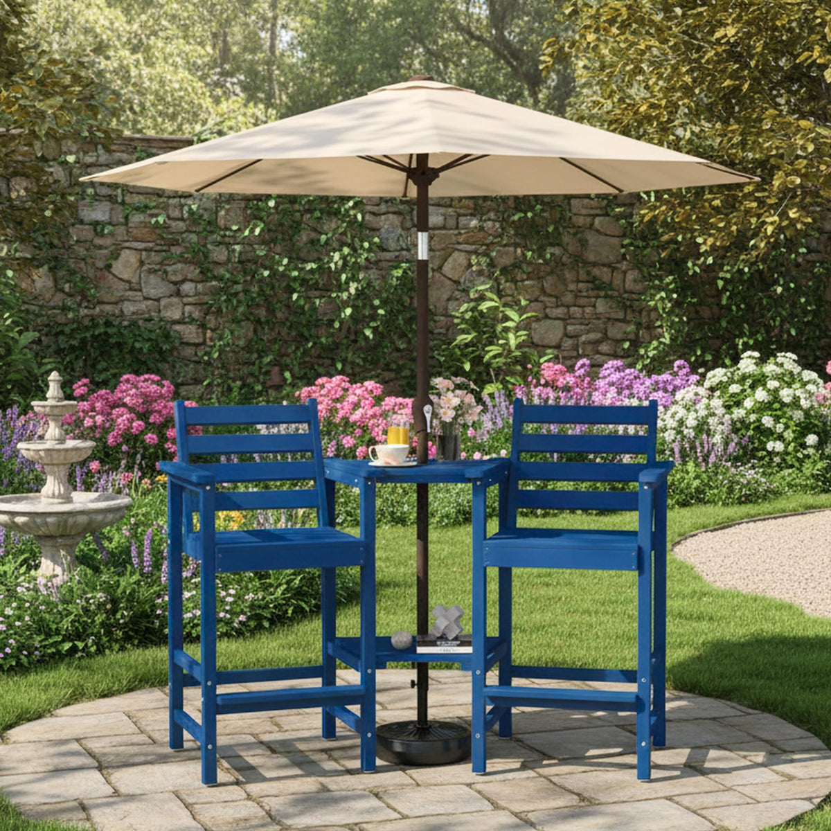 Tall Adirondack Chairs Set of 2, Bar Height HDPE Outdoor Chairs with Connecting Tray & Umbrella Hole, Navy Blue O819188