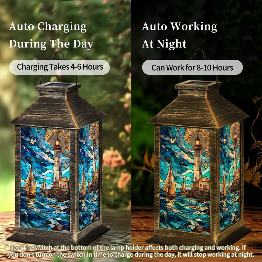Solar Lantern Stained Glass Outdoor Waterproof Hanging Solar Light E67672