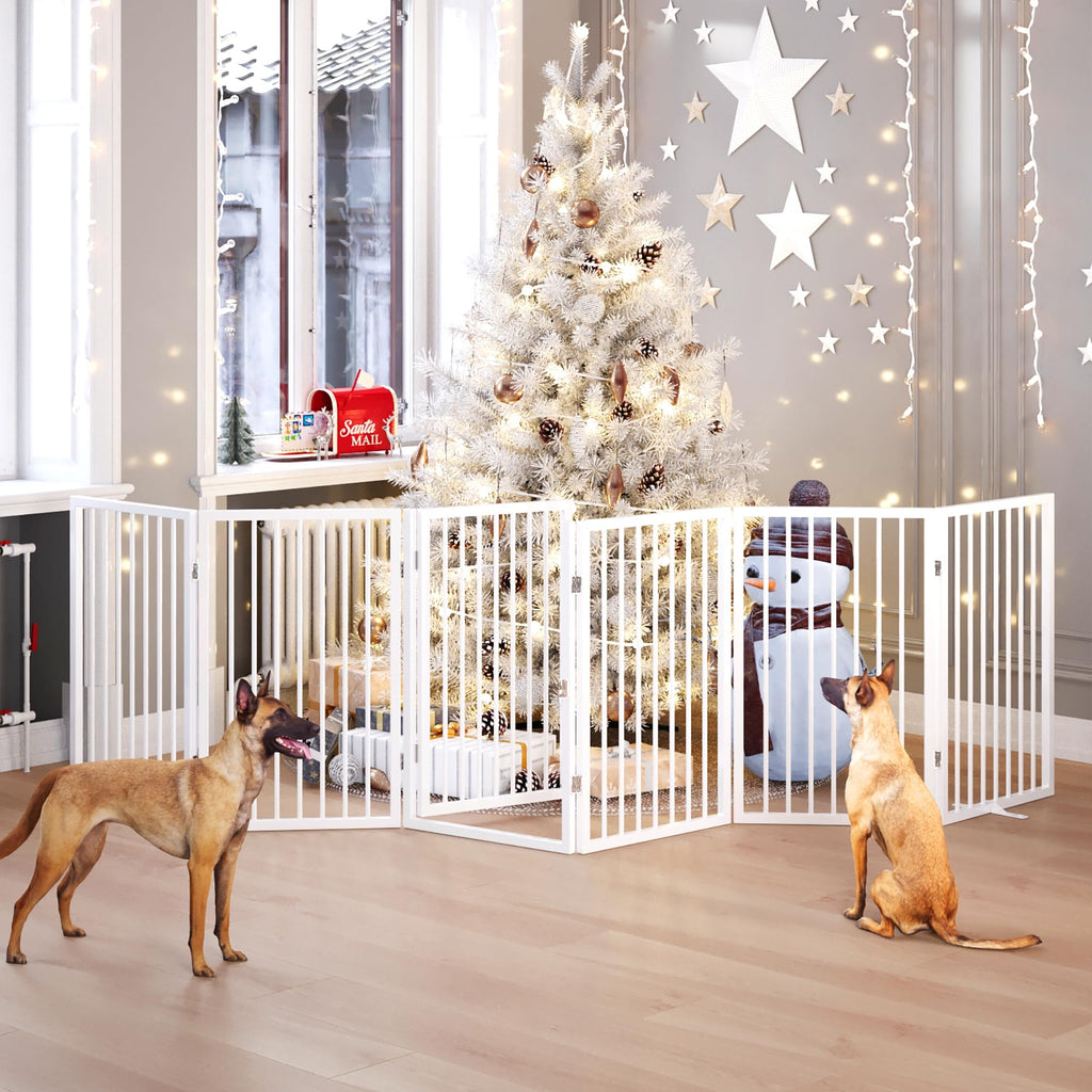 120" x 32" Foldable Freestanding Extra Wide Dog Gate with Door, White T11099