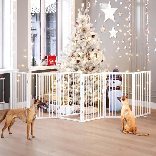 120" x 32" Foldable Freestanding Extra Wide Dog Gate with Door, White T11099