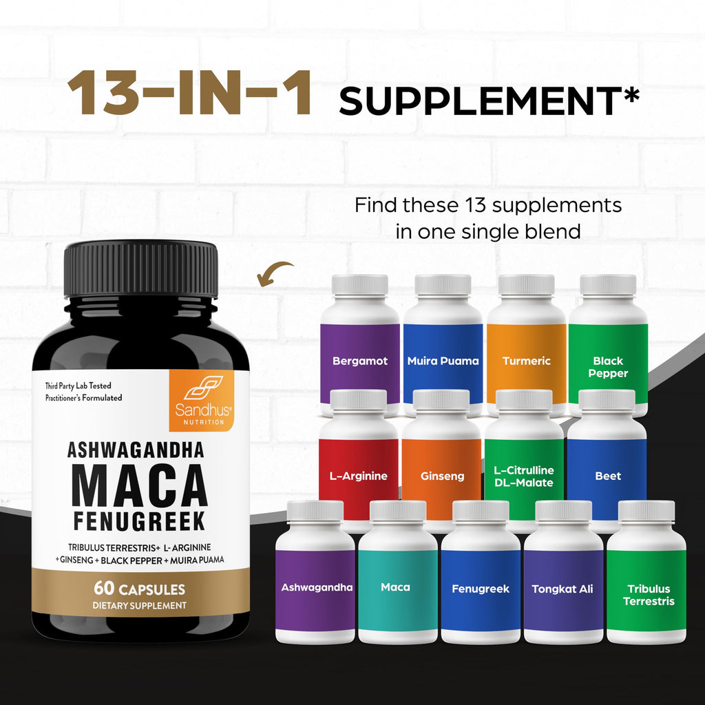 Maca Root Fenugreek Ashwagandha L-Arginine Ginseng Muira Puama Herbal Supplement 60 Capsules W33284
