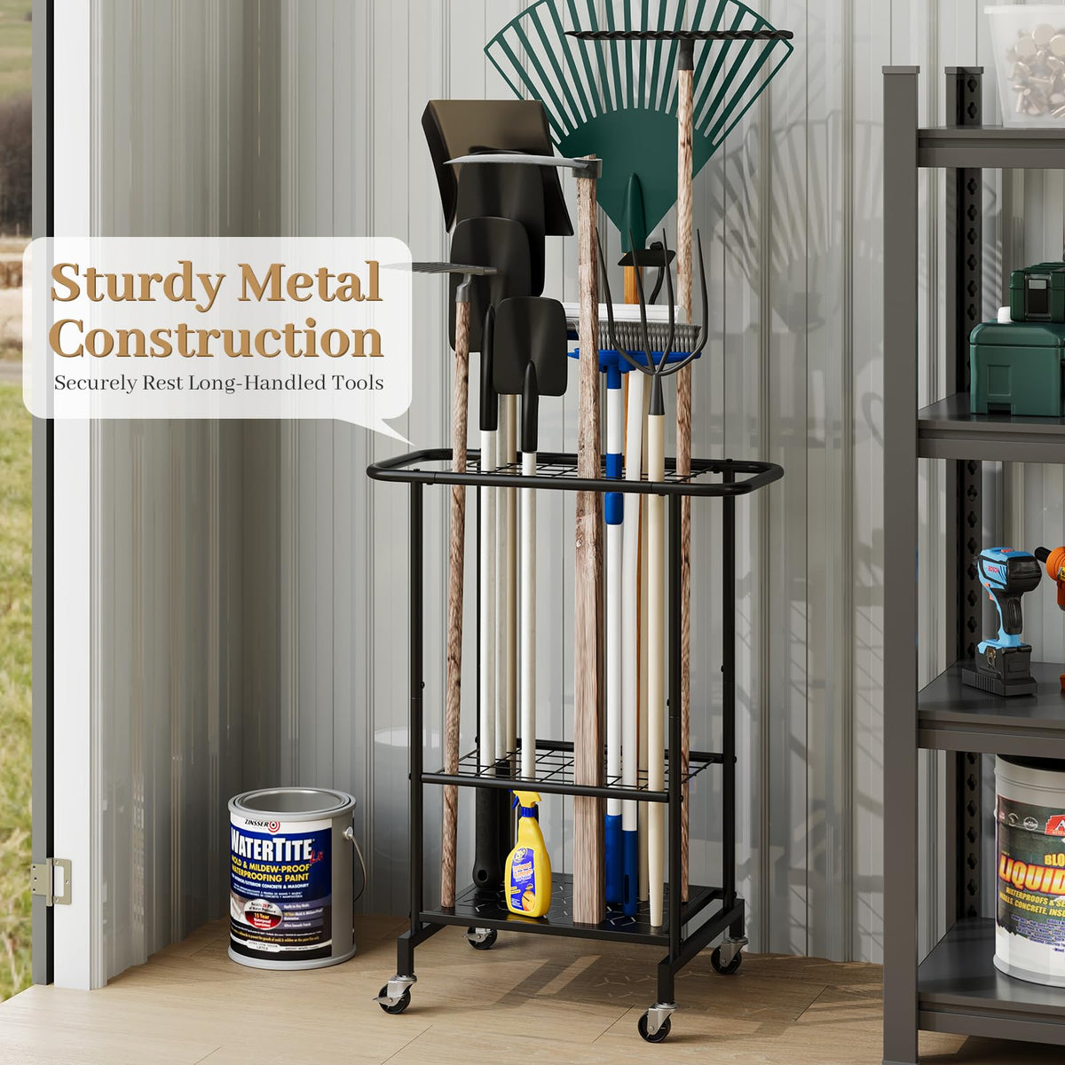 Heavy Duty Metal Garden Tool Organizer with Wheels P573282
