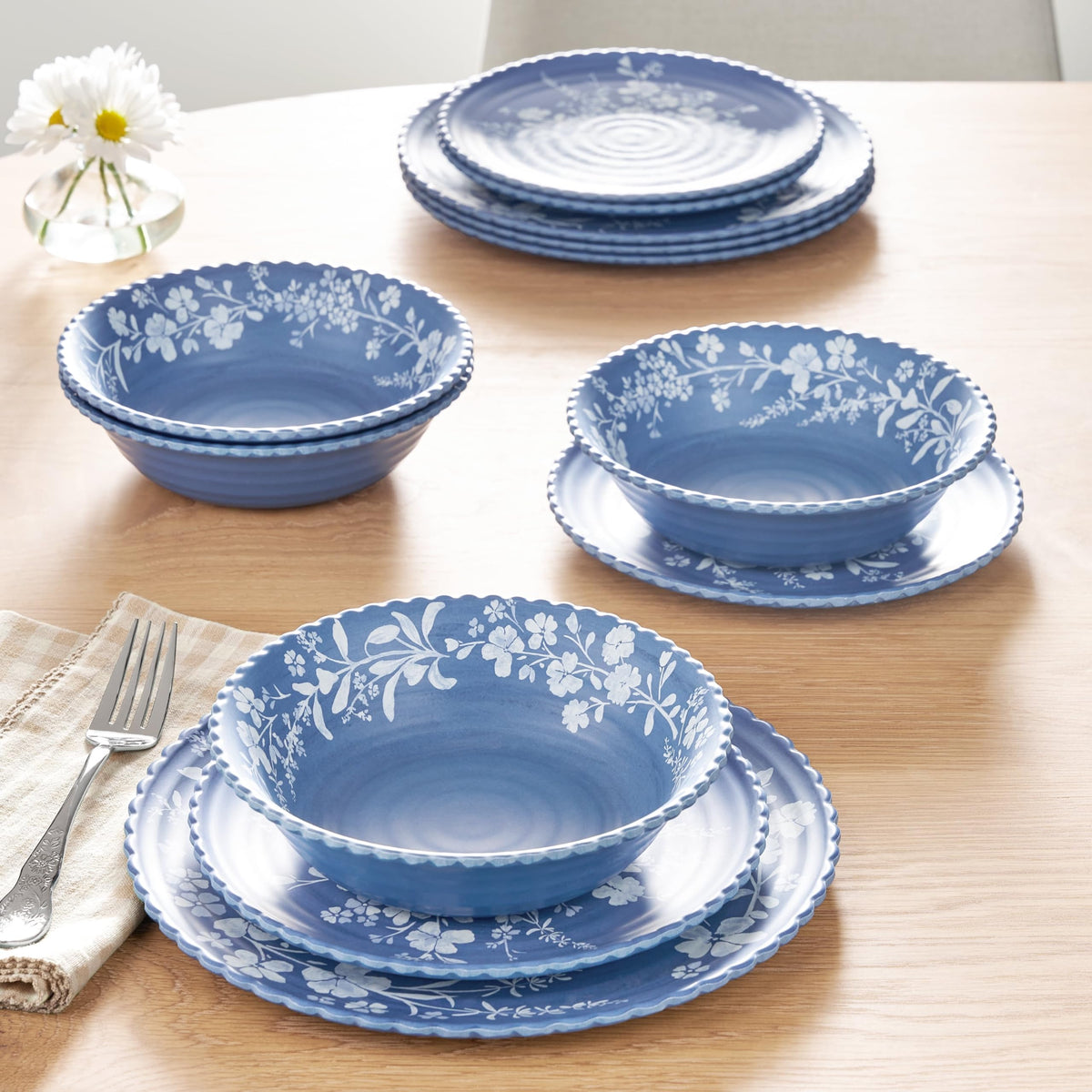 12 Piece Blue Bamboo Melamine Dinnerware Set I1085