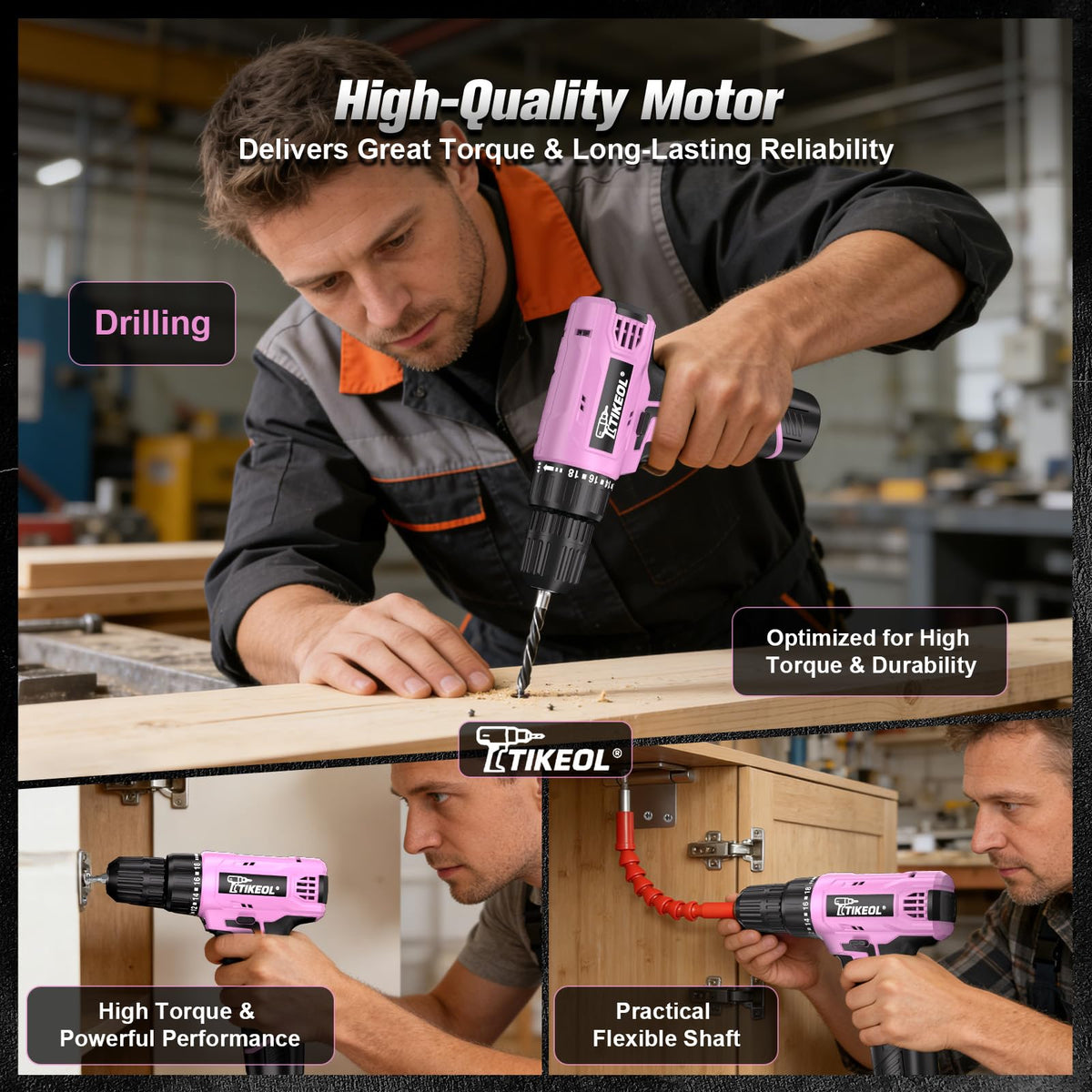 12V Cordless Drill Set with Battery & Charger, 180 In-lbs Torque, 3/8" Keyless Chuck, Pink Q5788