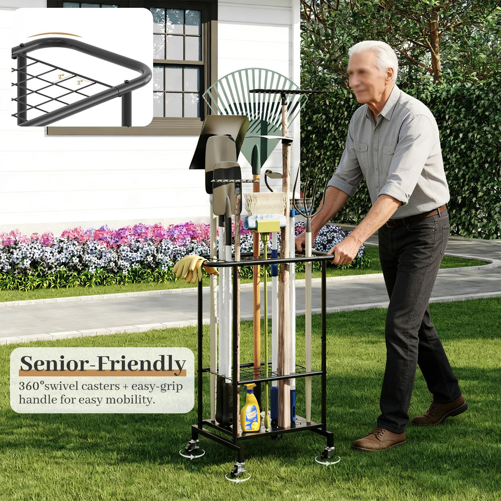 Heavy Duty Metal Garden Tool Organizer with Wheels P573282