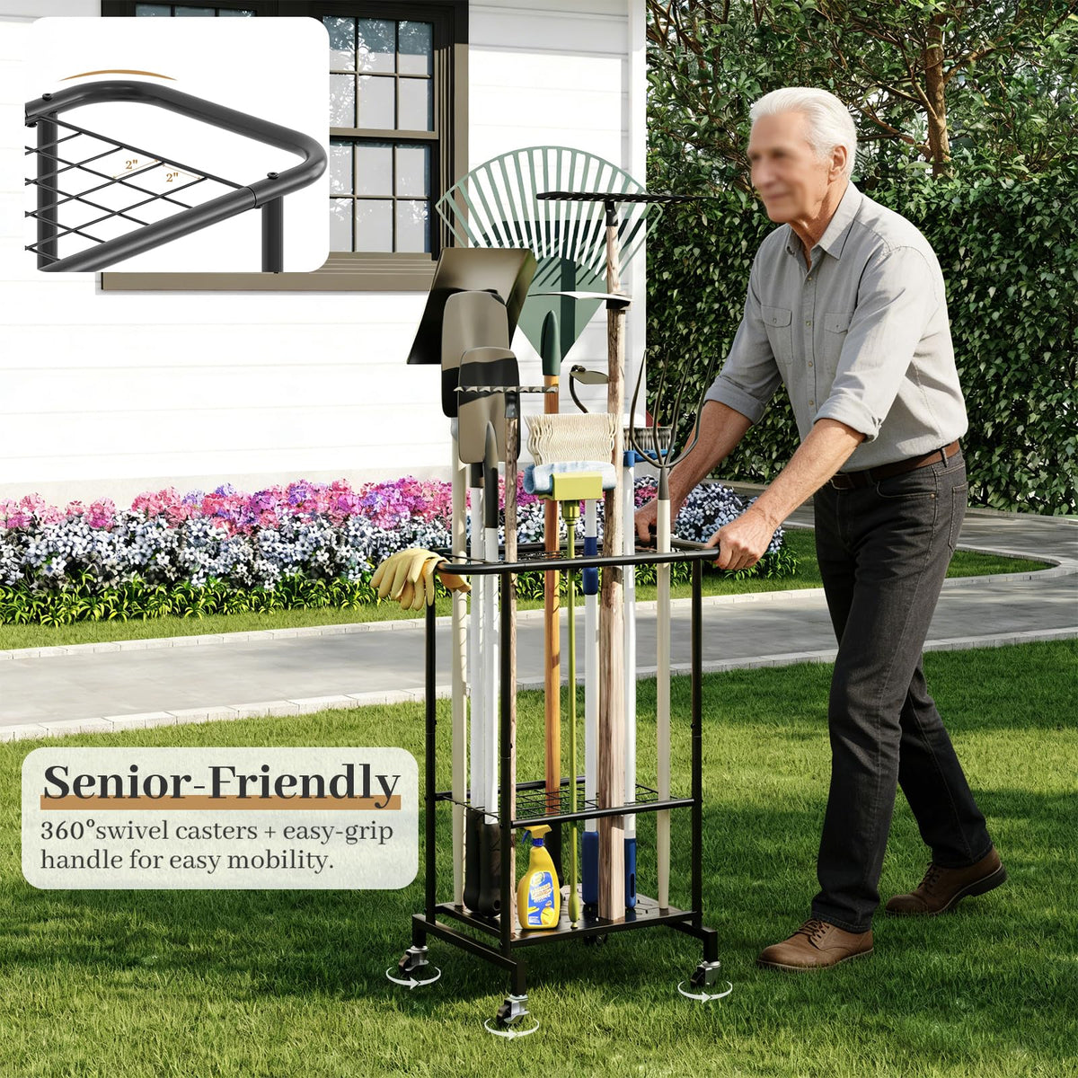 Heavy Duty Metal Garden Tool Organizer with Wheels P573282