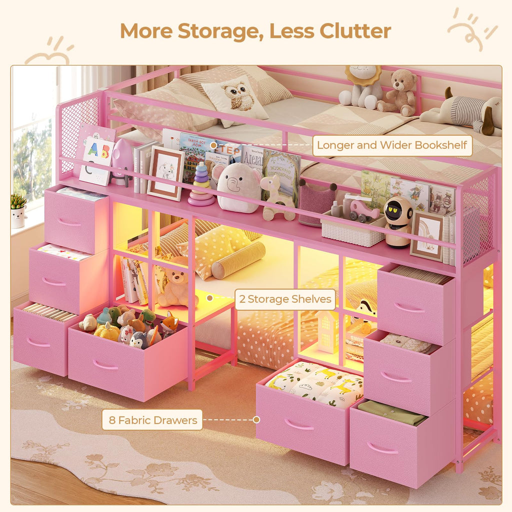Twin Over Twin Bunk Bed with 8 Drawers & Bookshelf G4325