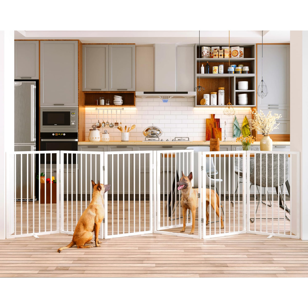 120" x 32" Foldable Freestanding Extra Wide Dog Gate with Door, White T11099