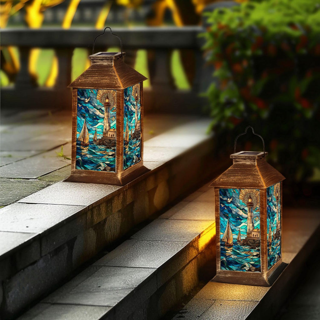 Solar Lantern Stained Glass Outdoor Waterproof Hanging Solar Light E67672