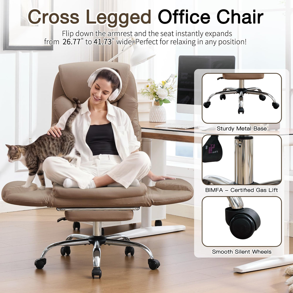 Cross Legged Office Chair with Flip Armrest and Footrest Brown O2540