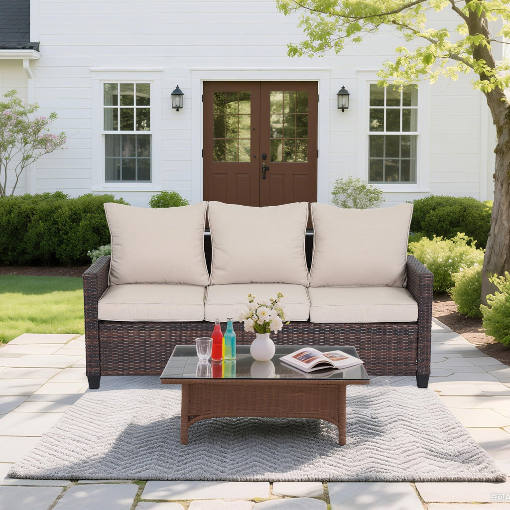 Rattan 3-Seater Outdoor Sofa with Blue Cushions I88623