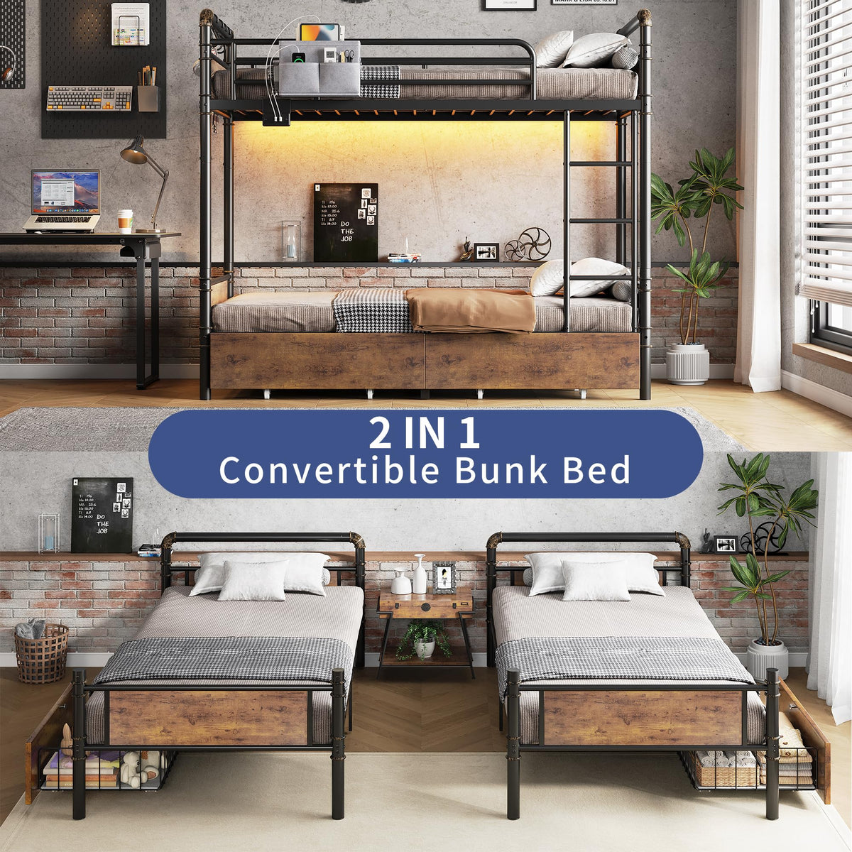 Metal LED Bunk Bed Twin Over Twin with 2 Storage Drawers T922939