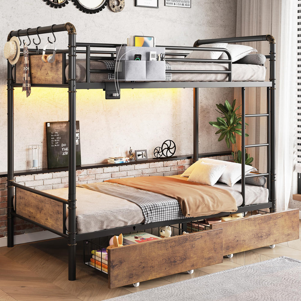 Metal LED Bunk Bed Twin Over Twin with 2 Storage Drawers T922939