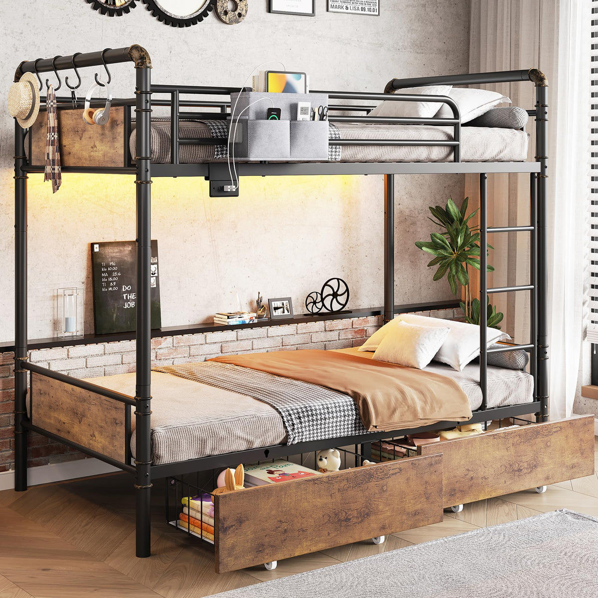 Metal LED Bunk Bed Twin Over Twin with 2 Storage Drawers T922939
