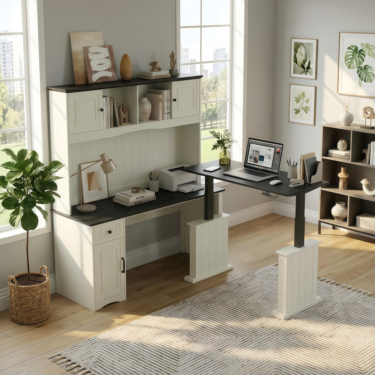 L Shaped Electric Standing Desk with Hutch and Drawers, Antique White V8426